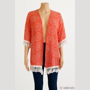 No Boundaries casual beach orange white floral print fringe kimonoM short sleeve